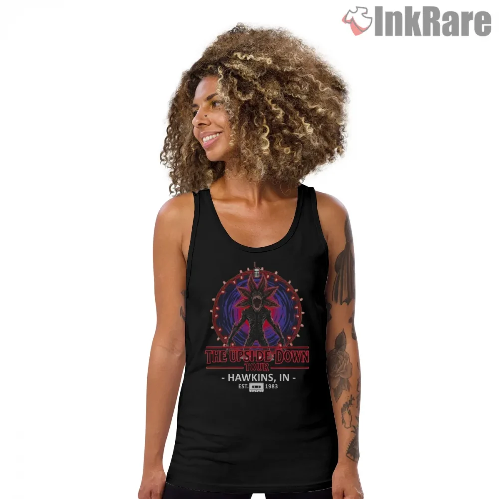 The Upside Down Tour Hawkins Retro Concert Shirt on black tank top for women graphic tee