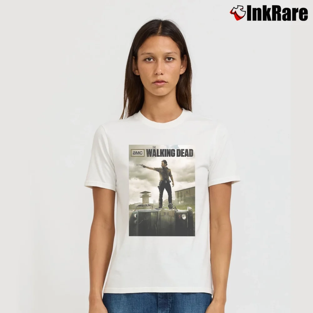 Women’s The Walking Dead Rick Grimes Poster Logo Signature T-Shirt in white | Soft, Flattering Fit
