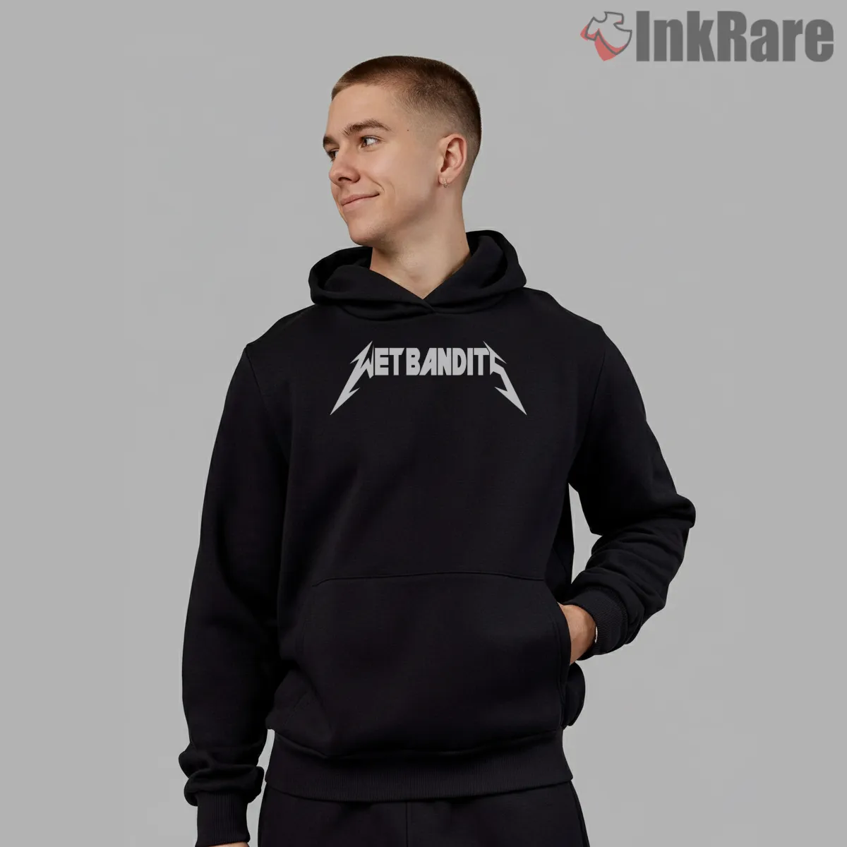 The Wet Bandits Metal Band Logo Shirt on black hoodie for men graphic tee