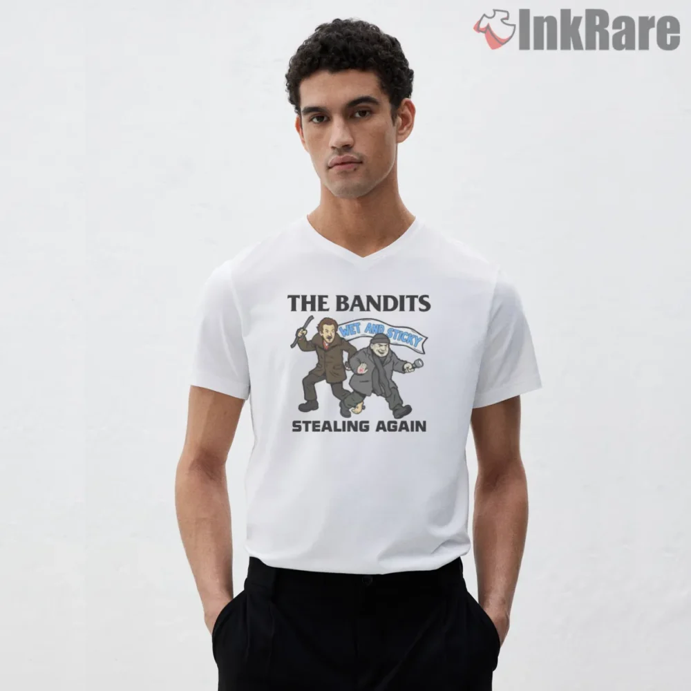 The Wet Bandits Stealing Again Cartoon Shirt on white v-neck shirt for men graphic tee