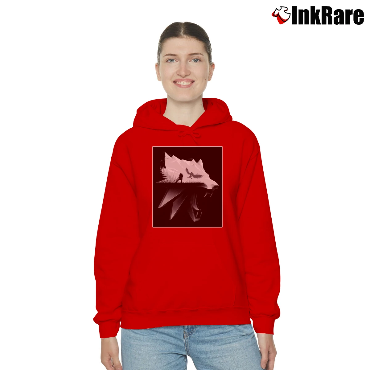 Women’s The Witcher 3 White Wolf Silhouette Cozy Hoodie in red | Warm, Structured, Stylish