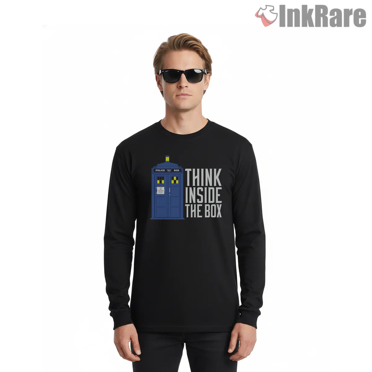 Think Inside The Box Tardis Clever Typography Long Sleeve Black Think Inside The Box Tardis Clever Typography Shirt on black long sleeve shirt for men graphic tee