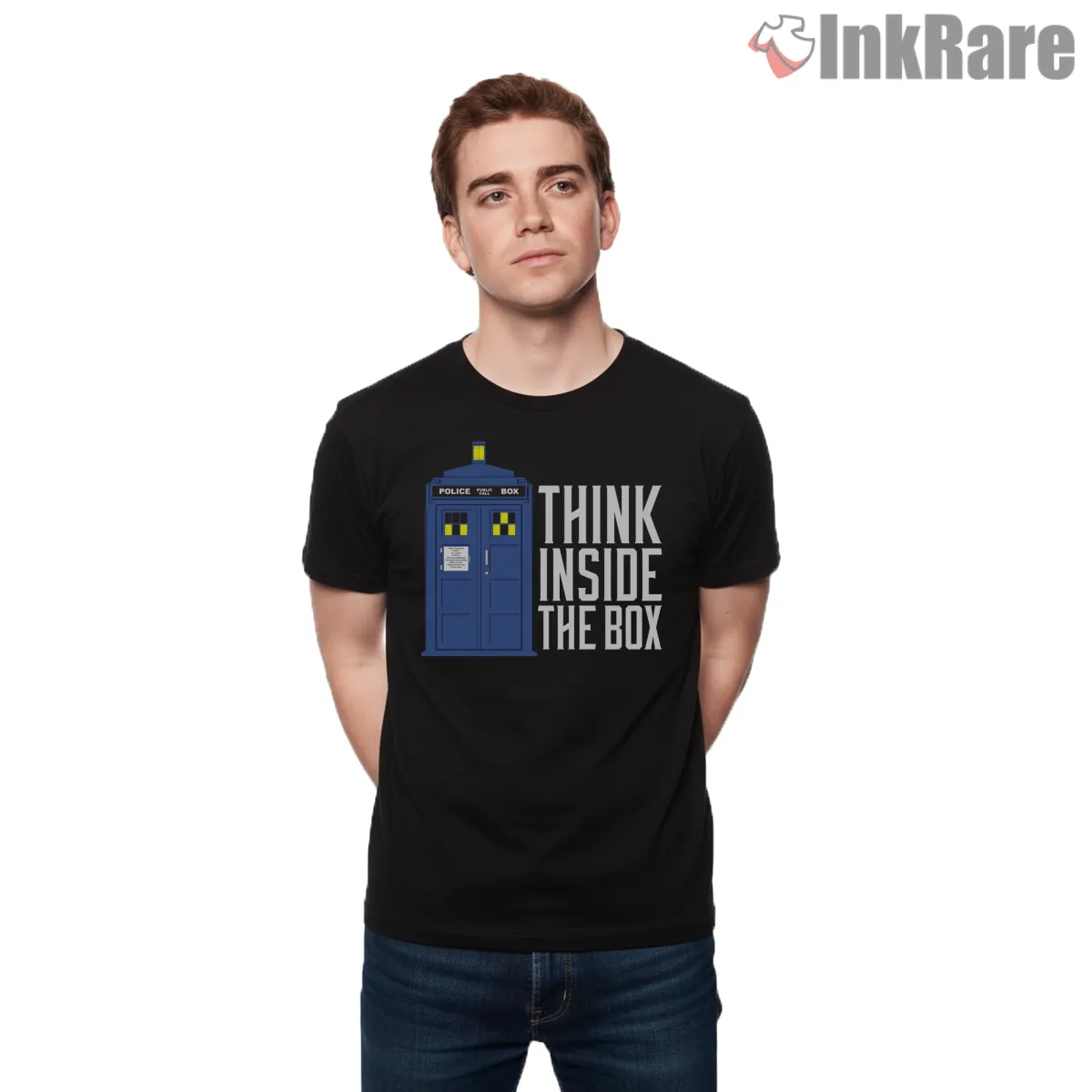 Think Inside The Box Tardis Clever Typography Short Sleeve Black Think Inside The Box Tardis Clever Typography Shirt on black short sleeve shirt for men graphic tee