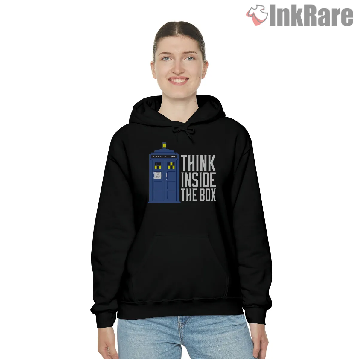 Think Inside The Box Tardis Clever Typography Shirt on black hoodie for women graphic tee