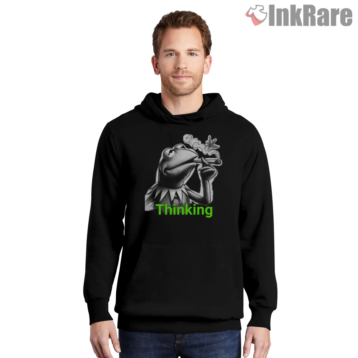 Thinking Kermit Meme Minimal Black And White Cartoon Shirt on black hoodie for men graphic tee