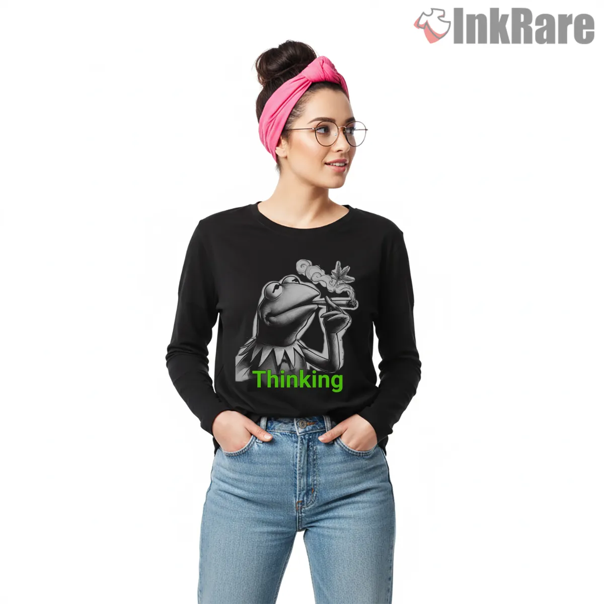 Thinking Kermit Meme Minimal Black And White Cartoon Long Sleeve Black Thinking Kermit Meme Minimal Black And White Cartoon Shirt on black long sleeve shirt for women graphic tee