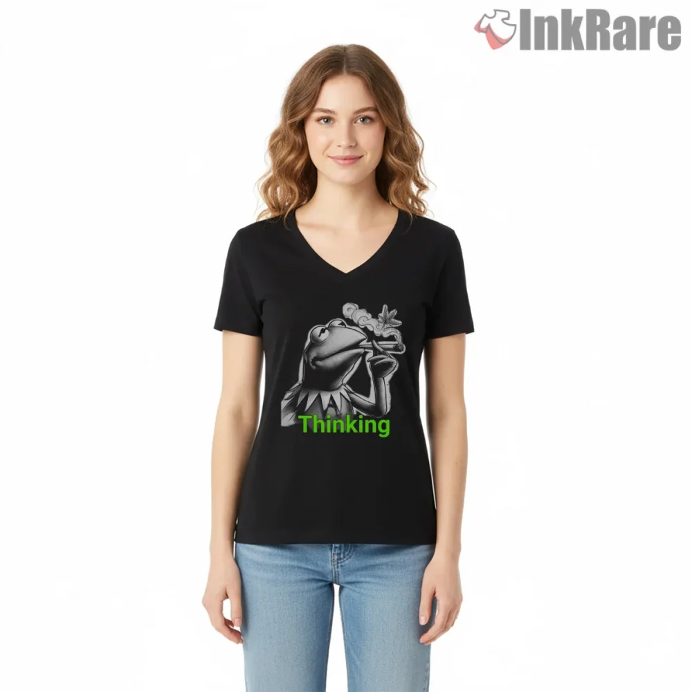 Thinking Kermit Meme Minimal Black And White Cartoon Shirt on black v-neck shirt for women graphic tee