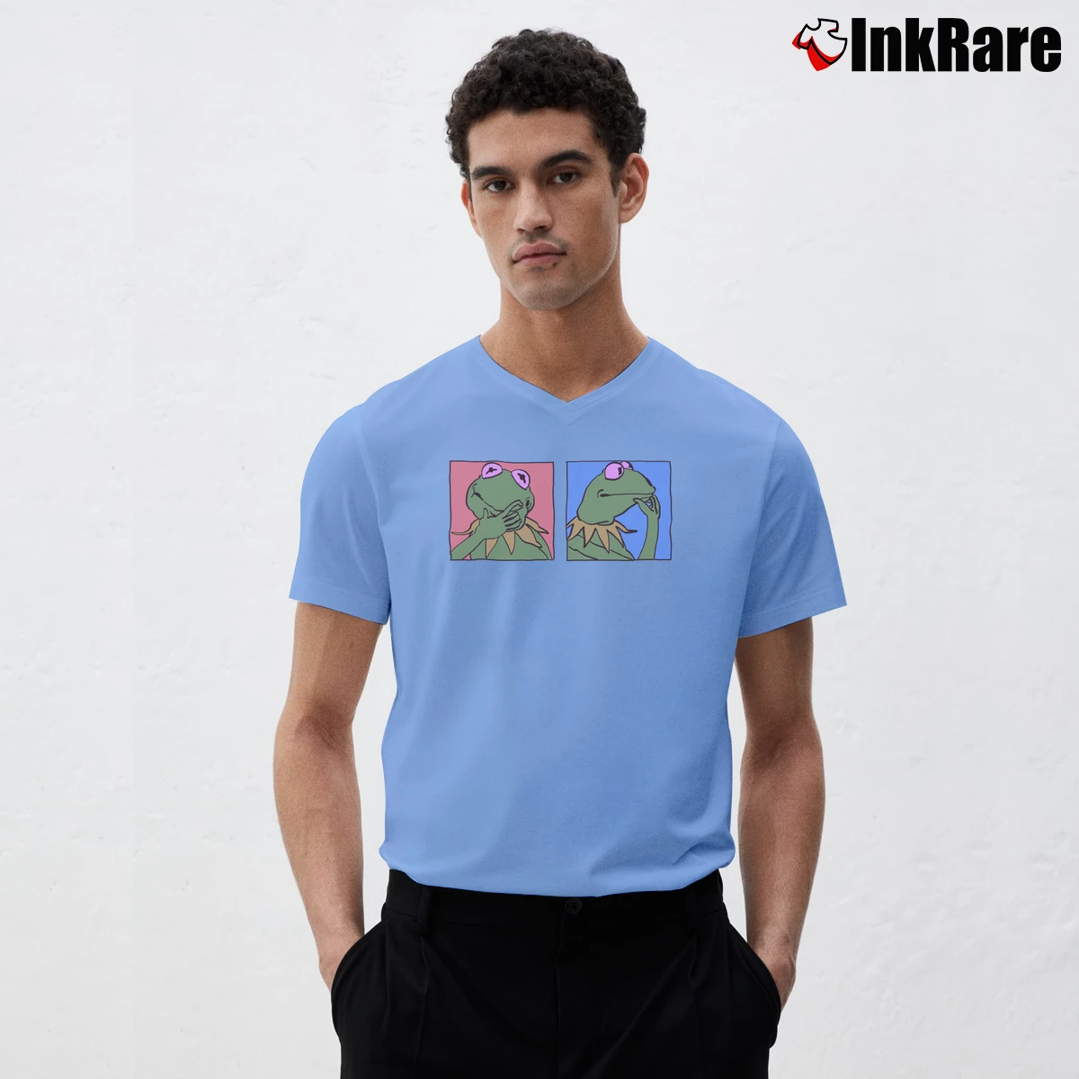 Thinking Kermit The Frog Men’s V-Neck Tee in light blue – Modern Essential Men’s Thinking Kermit The Frog V-Neck Tee in light blue | Sharp, Breathable, Everyday Staple