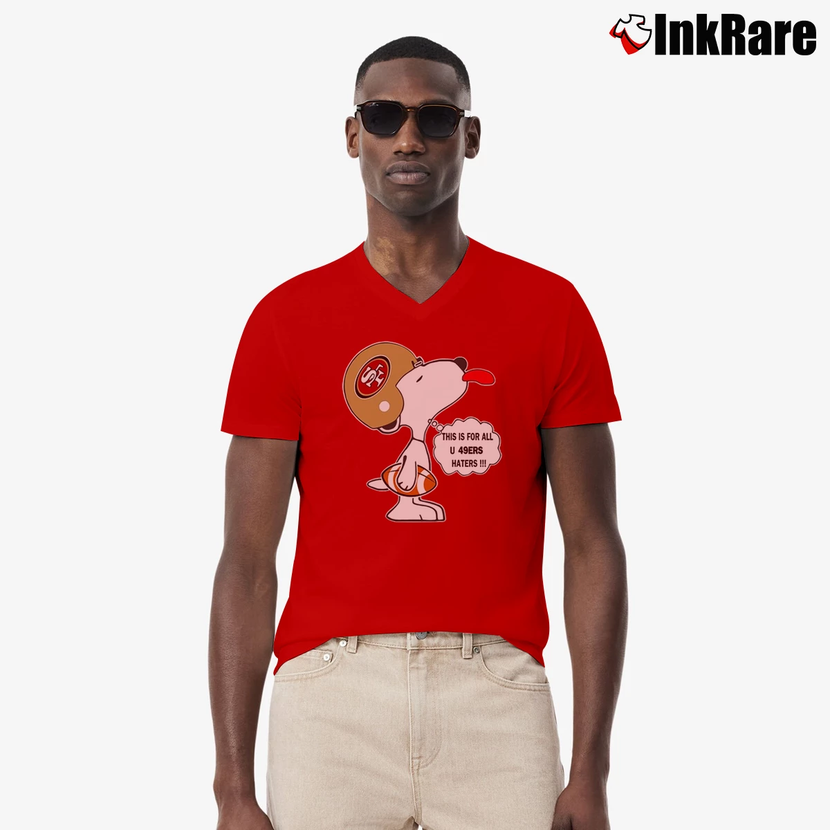 This Is For All U 49ers Haters Snoopy Men’s V-Neck Tee in red – Modern Essential Men’s This Is For All U 49ers Haters Snoopy V-Neck Tee in red | Sharp, Breathable, Everyday Staple