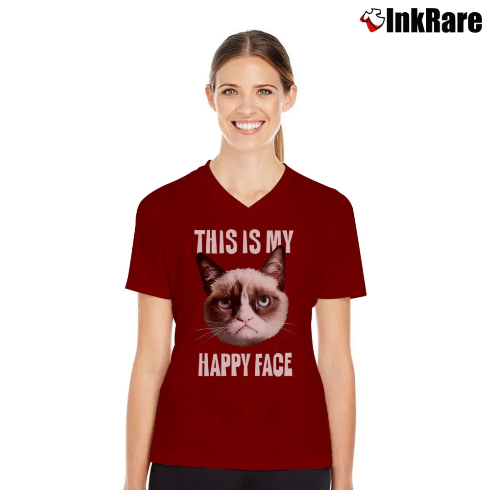 Women’s This Is My Happy Face V-Neck Tee in maroon | Chic Neckline, Soft Texture