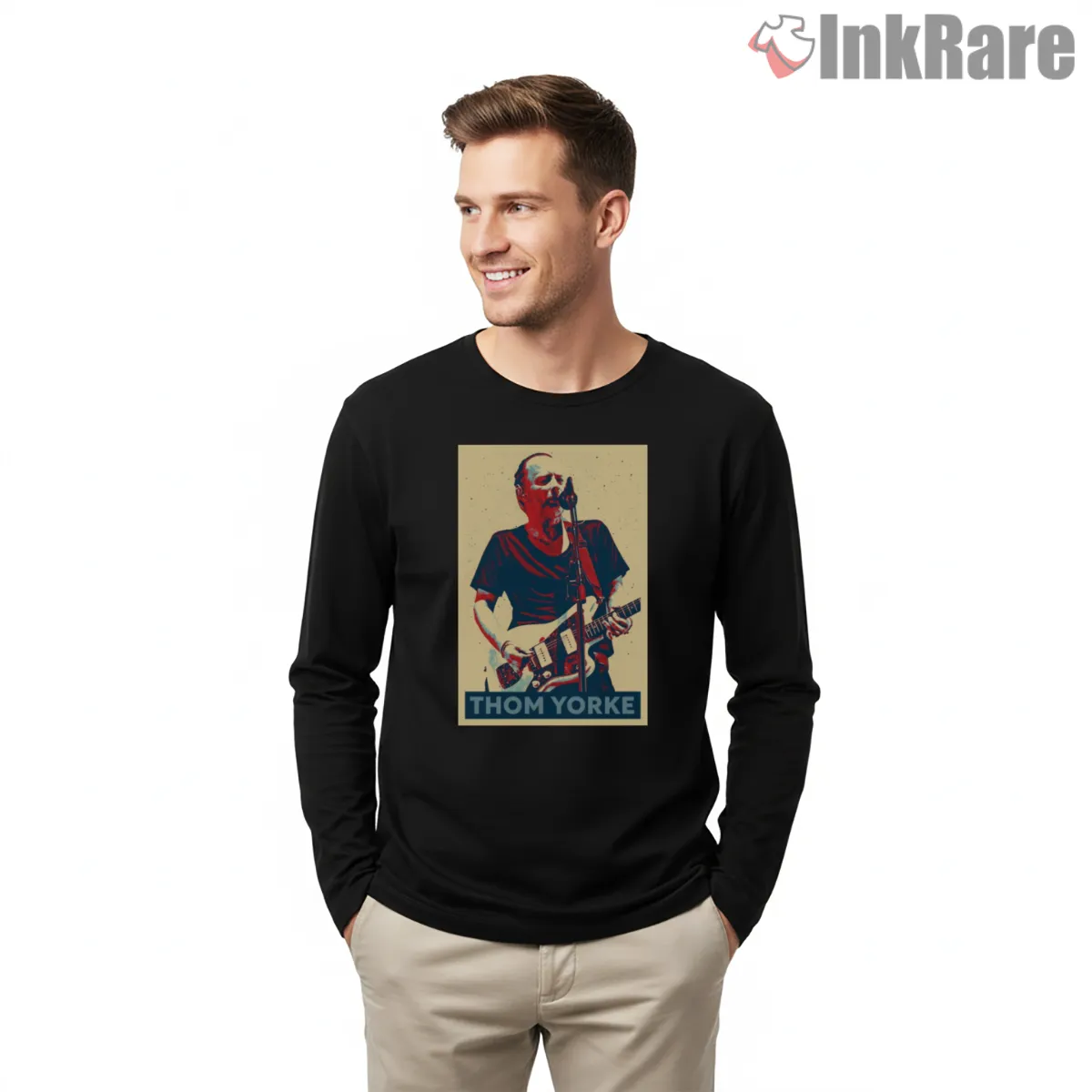 Thom Yorke Indie Protest Poster Shirt on black long sleeve shirt for men graphic tee