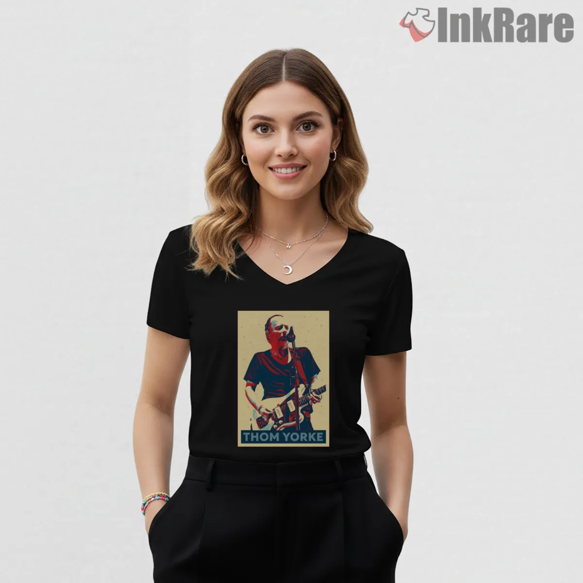 Thom Yorke Indie Protest Poster V Neck Black Thom Yorke Indie Protest Poster Shirt on black v-neck shirt for women graphic tee