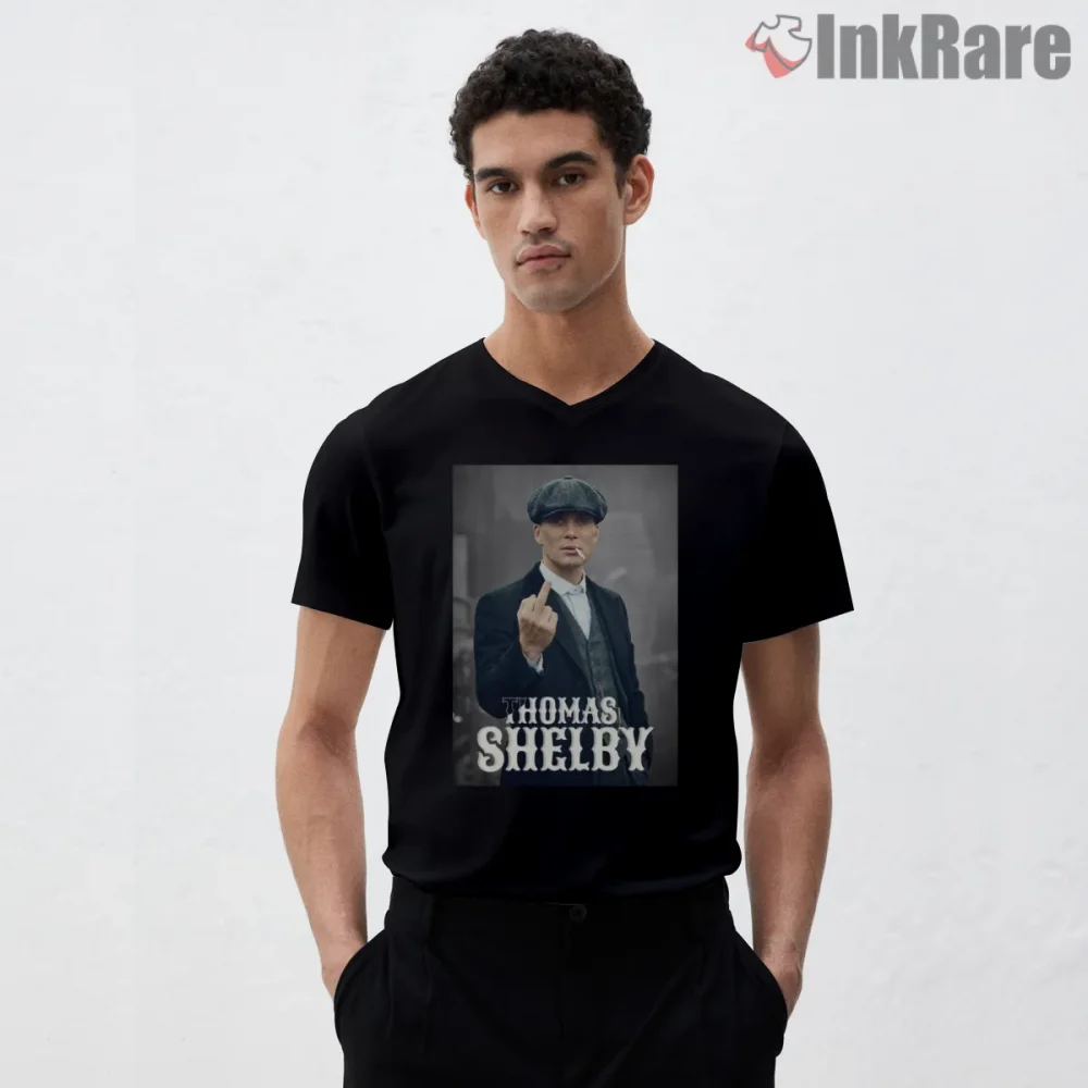 Thomas Shelby Attitude Portrait Middle Finger Graphic Shirt on black v-neck shirt for men graphic tee