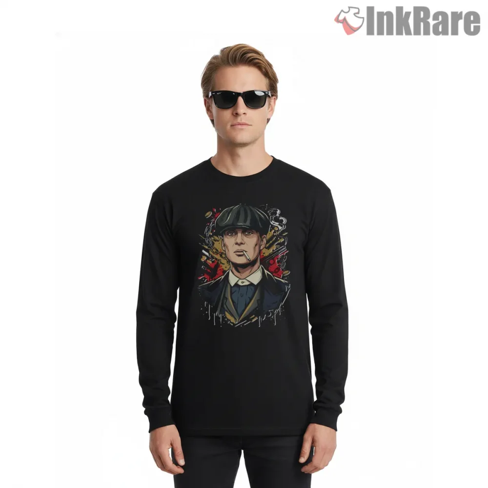 Thomas Shelby British Gangster Illustrated Portrait Shirt on black long sleeve shirt for men graphic tee