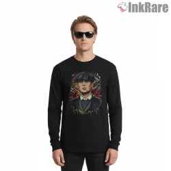 Thomas Shelby British Gangster Illustrated Portrait Shirt on black long sleeve shirt for men graphic tee