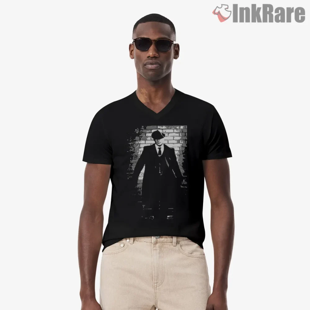 Thomas Shelby Dark Silhouette Pop Art Minimal Shirt on black v-neck shirt for men graphic tee
