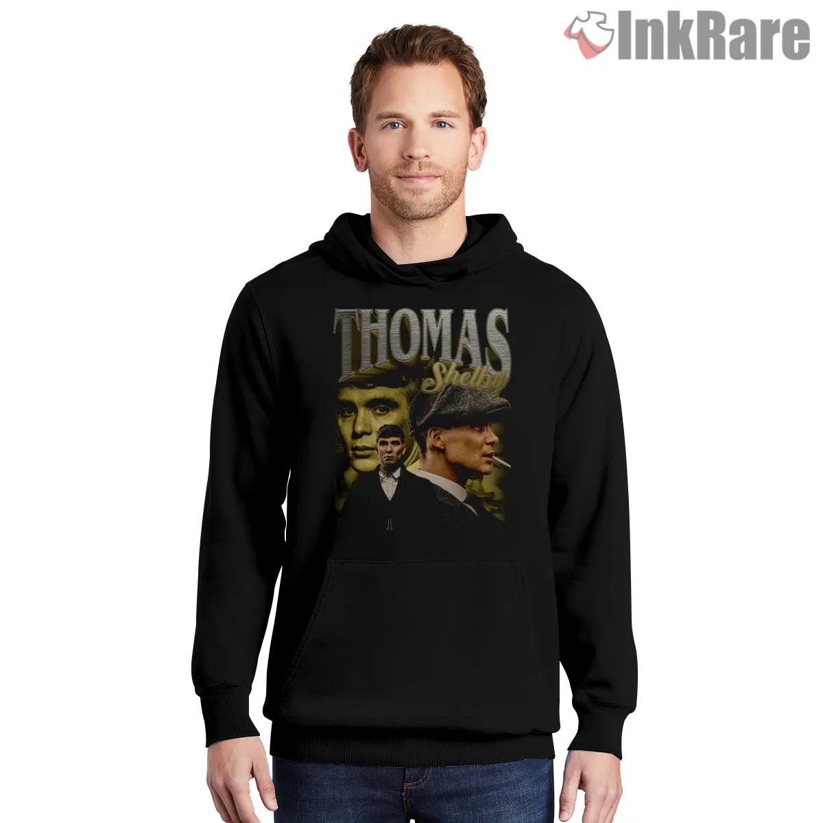 Thomas Shelby Vintage 90s Bootleg Collage Graphic Shirt on black hoodie for men graphic tee