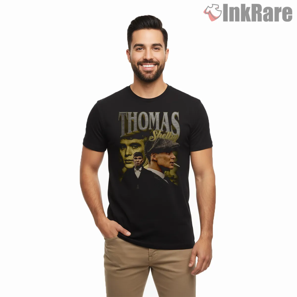 Thomas Shelby Vintage 90s Bootleg Collage Graphic Short Sleeve Black Thomas Shelby Vintage 90s Bootleg Collage Graphic Shirt on black short sleeve shirt for men graphic tee