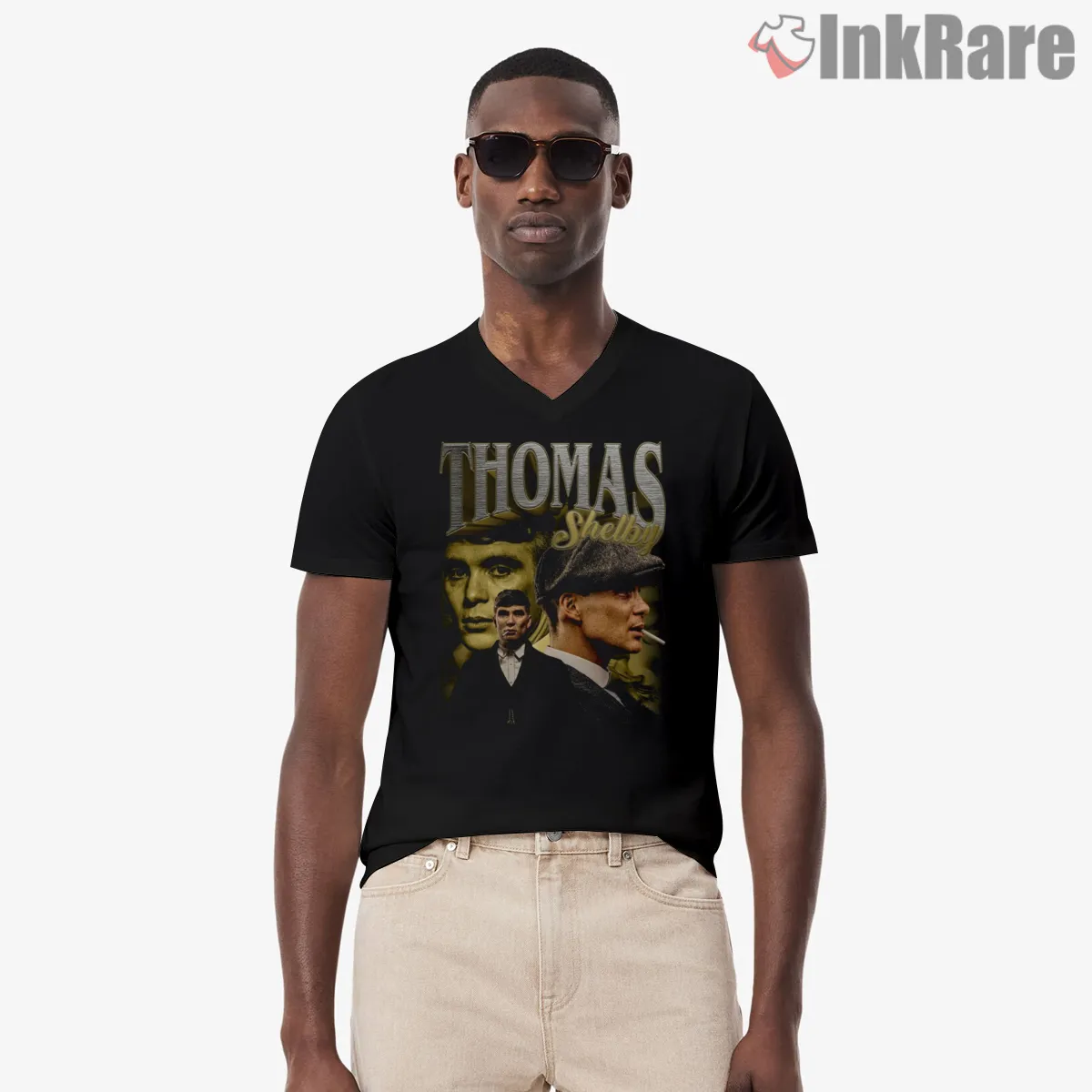 Thomas Shelby Vintage 90s Bootleg Collage Graphic V Neck Black Thomas Shelby Vintage 90s Bootleg Collage Graphic Shirt on black v-neck shirt for men graphic tee