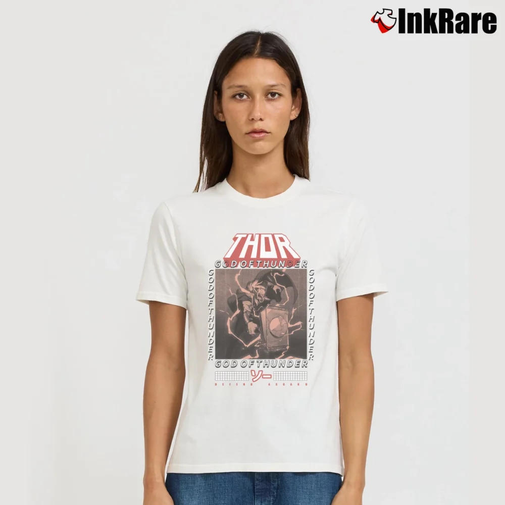 Women’s Thor God Of Thunder Marvel Mythology Signature T-Shirt in white | Soft, Flattering Fit