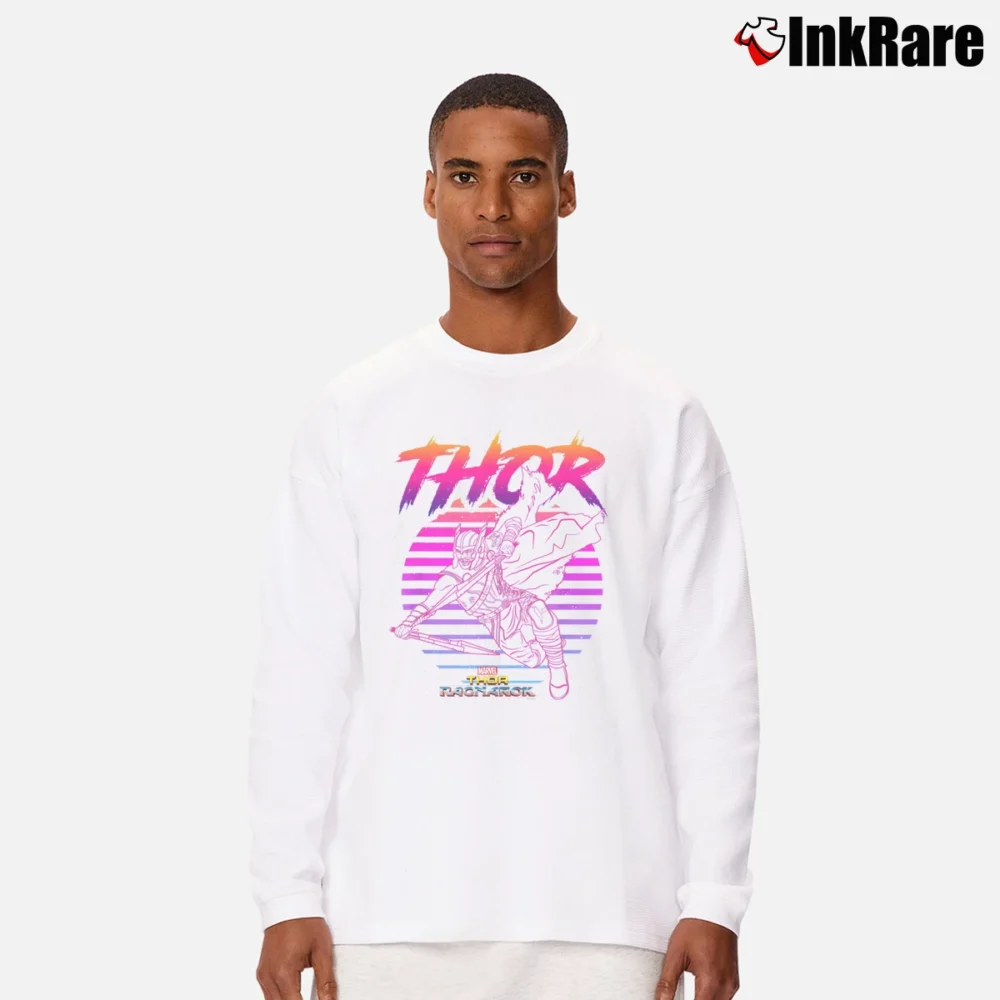 Men’s Thor Ragnarok 80s Retro Sunset Marvel Long-Sleeve Shirt in white | Sleek, Lightweight, Year-Round Wear