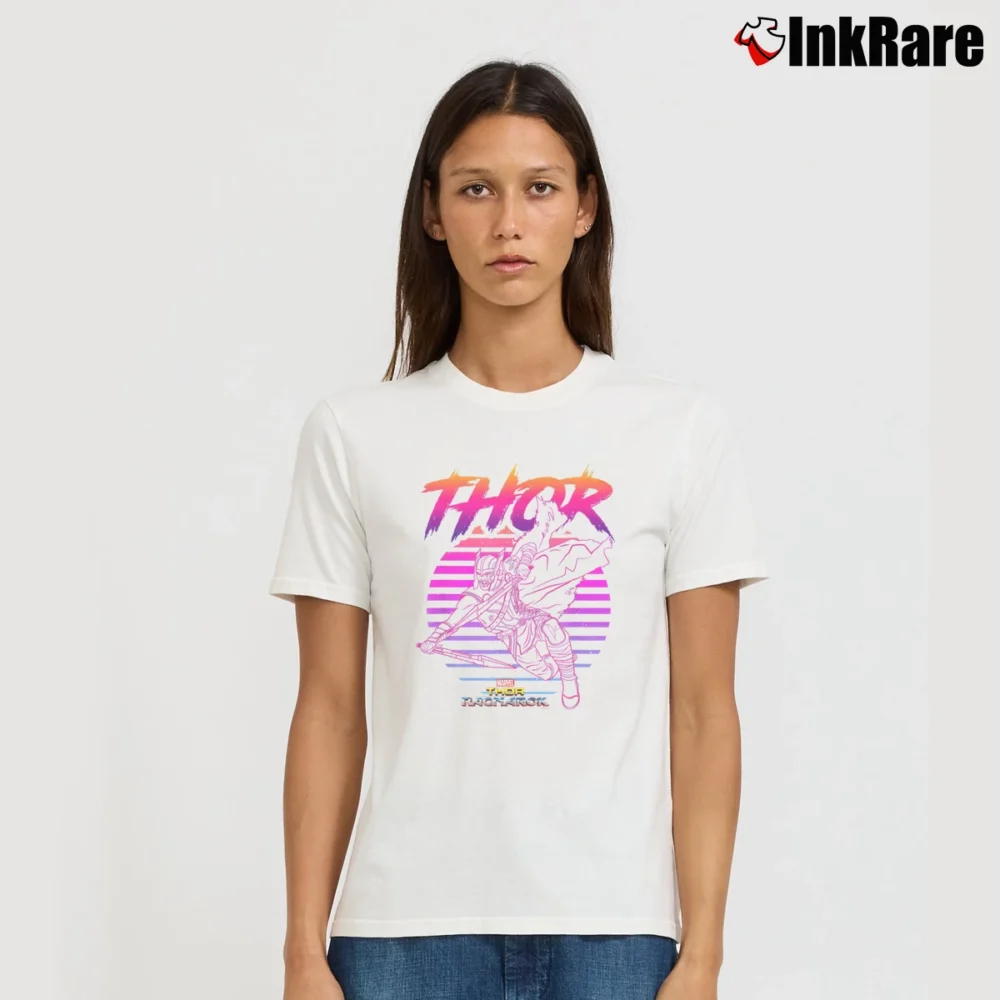 Women’s Thor Ragnarok 80s Retro Sunset Marvel Signature T-Shirt in white | Soft, Flattering Fit