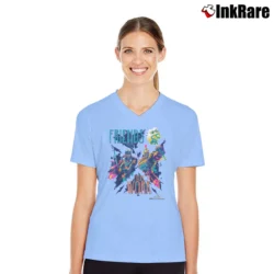 Women’s Thor Ragnarok Working Friends Neon Marvel V-Neck Tee in light blue | Chic Neckline, Soft Texture