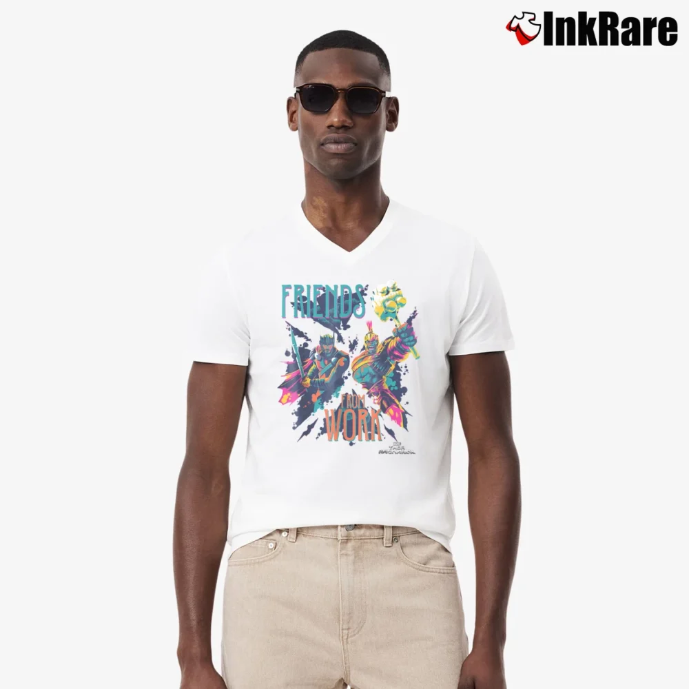 Men’s Thor Ragnarok Working Friends Neon Marvel V-Neck Tee in white | Sharp, Breathable, Everyday Staple