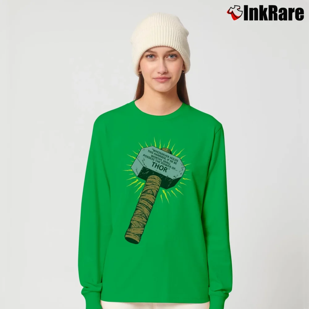 Women’s Thor Whosoever Holds This Hammer Marvel Comic Long-Sleeve Top in irish green | Sleek, Versatile, All-Season
