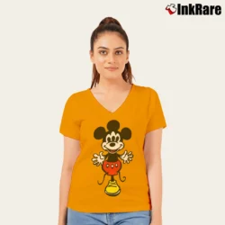 Women’s Three Eyed Creepy Mickey Mouse Psycho V-Neck Tee in orange | Chic Neckline, Soft Texture
