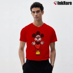 Men’s Three Eyed Creepy Mickey Mouse Psycho V-Neck Tee in red | Sharp, Breathable, Everyday Staple