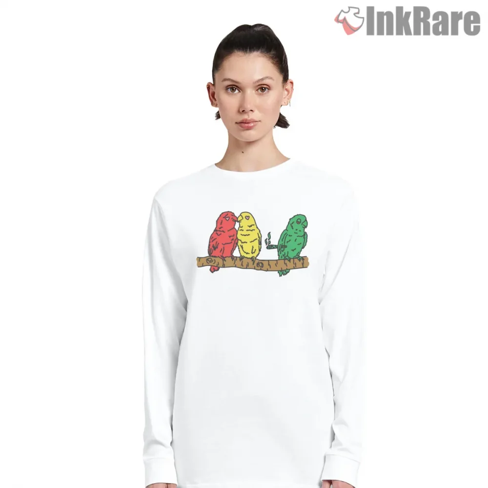 Three Little Birds Love Illustration Shirt on white long sleeve shirt for women graphic tee
