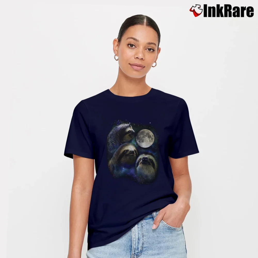 Women’s Three Sloth Moon Parody Funny Space Signature T-Shirt in navy | Soft, Flattering Fit