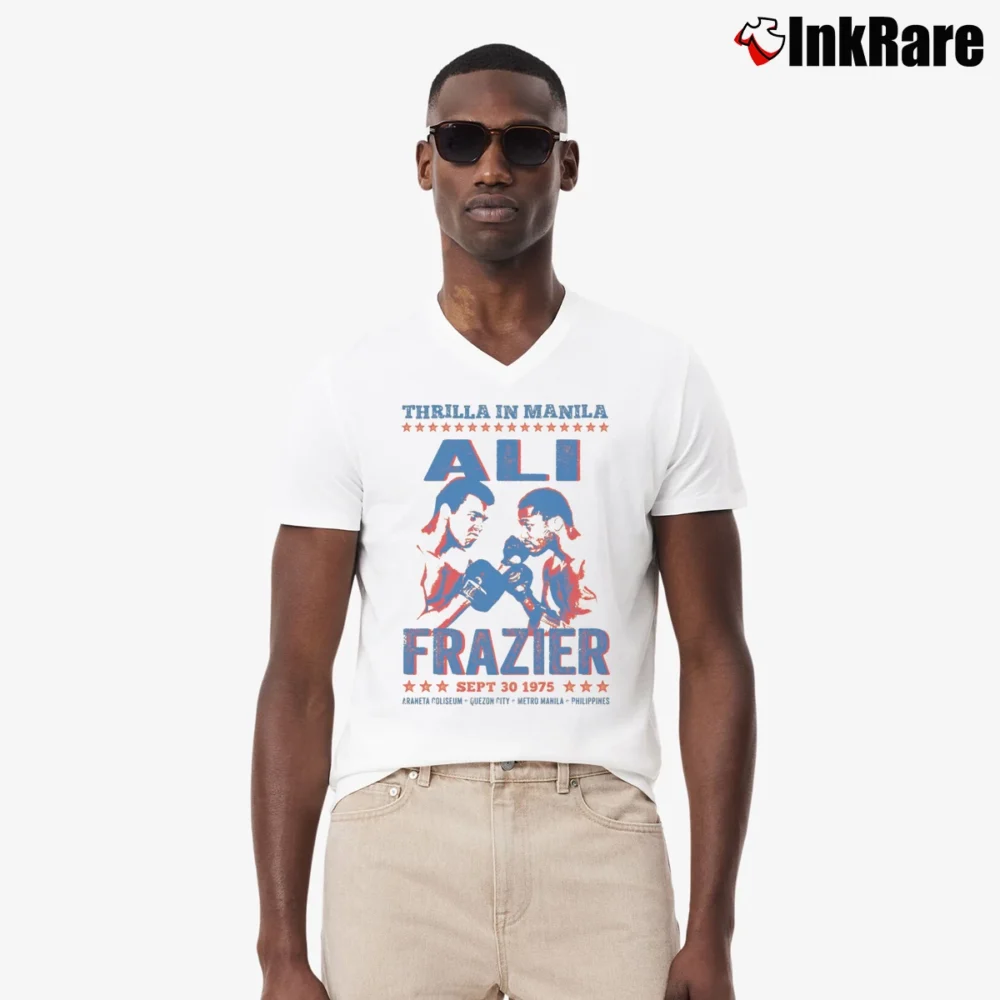 Men’s Thrilla In Manila Ali Vs Frazier V-Neck Tee in white | Sharp, Breathable, Everyday Staple