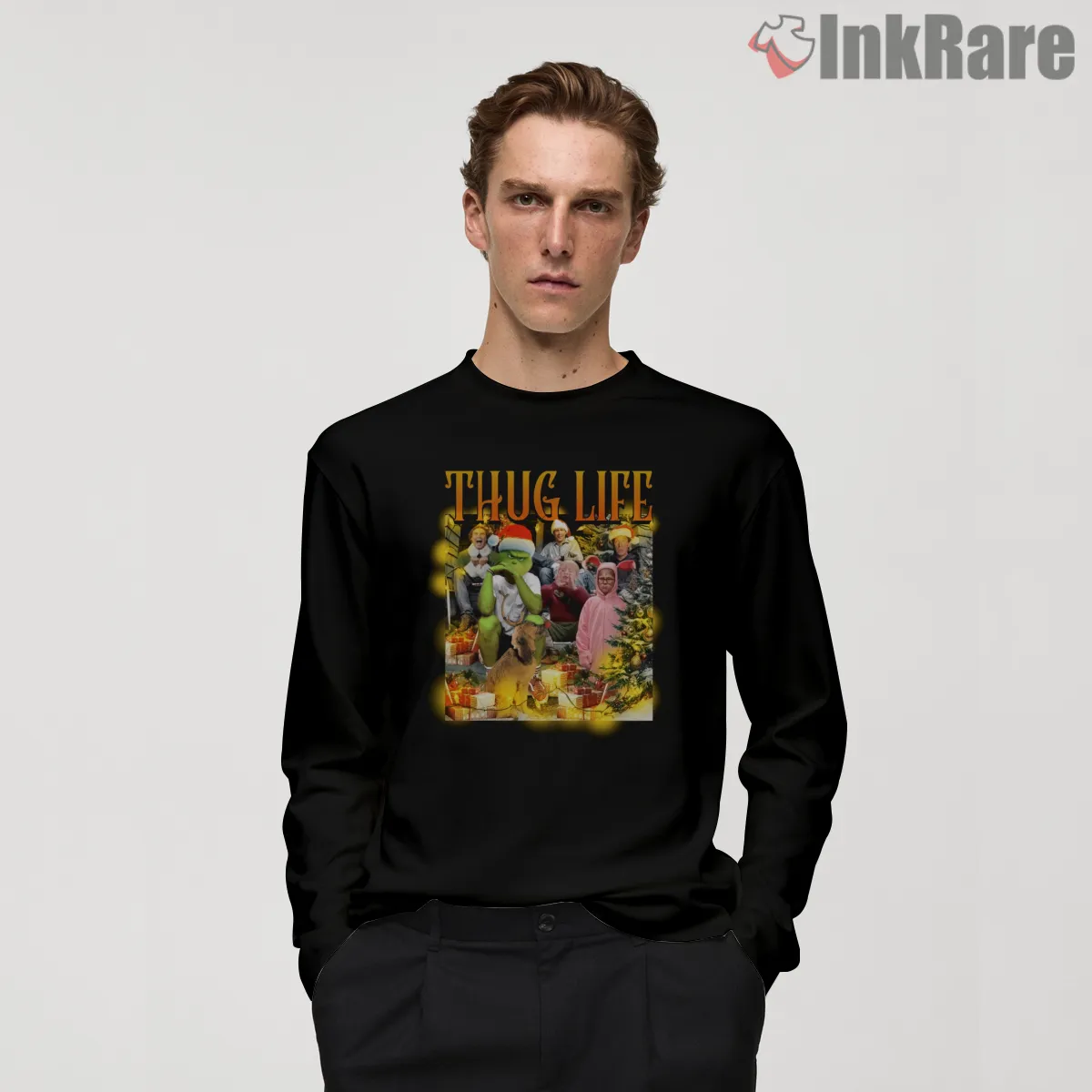 Thug Life Christmas Movie Mashup Grinch Shirt on black long sleeve shirt for men graphic tee