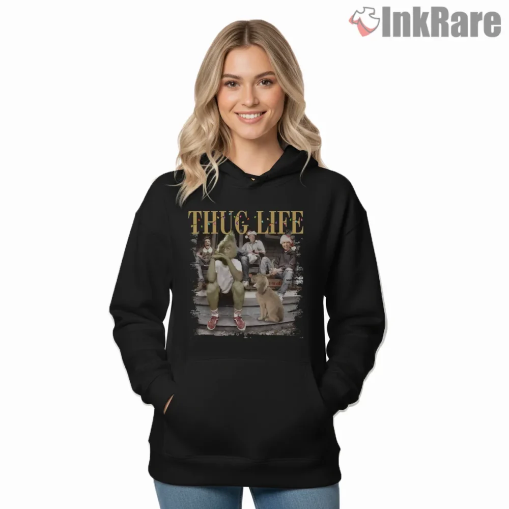 Thug Life Grinch City Stoop Christmas Shirt on black hoodie for women graphic tee