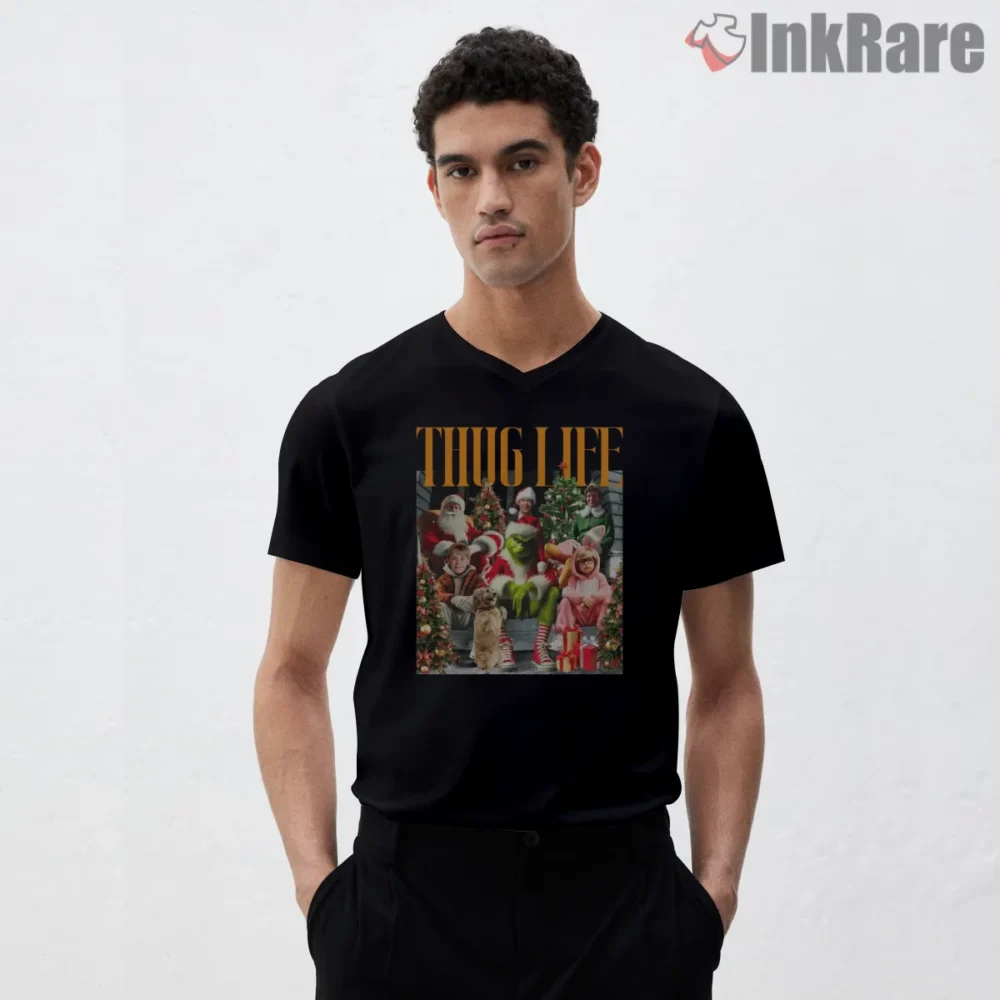 Thug Life Home Alone Christmas Couch Mashup Shirt on black v-neck shirt for men graphic tee