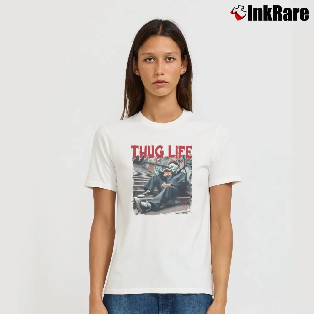 Women’s Thug Life Michael Myers Horror Signature T-Shirt in white | Soft, Flattering Fit