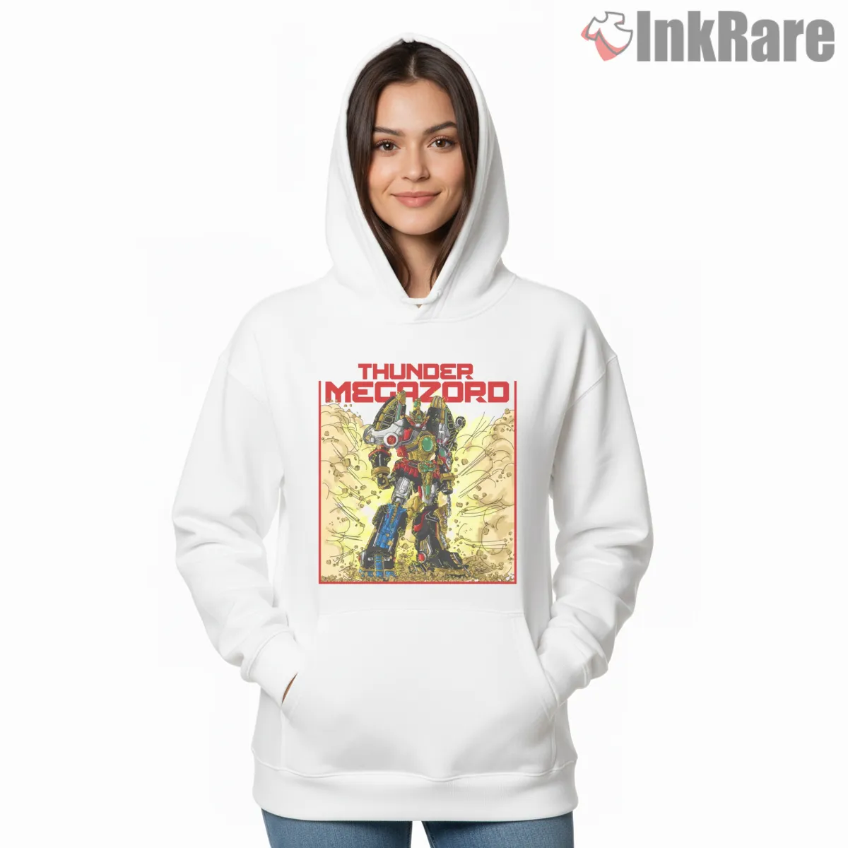 Thunder Megazord Explosive Battle Poster Shirt on white hoodie for women graphic tee