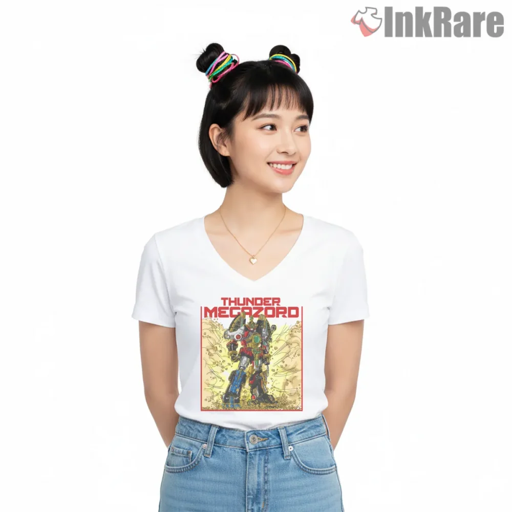 Thunder Megazord Explosive Battle Poster Shirt on white v-neck shirt for women graphic tee