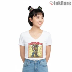 Thunder Megazord Explosive Battle Poster Shirt on white v-neck shirt for women graphic tee