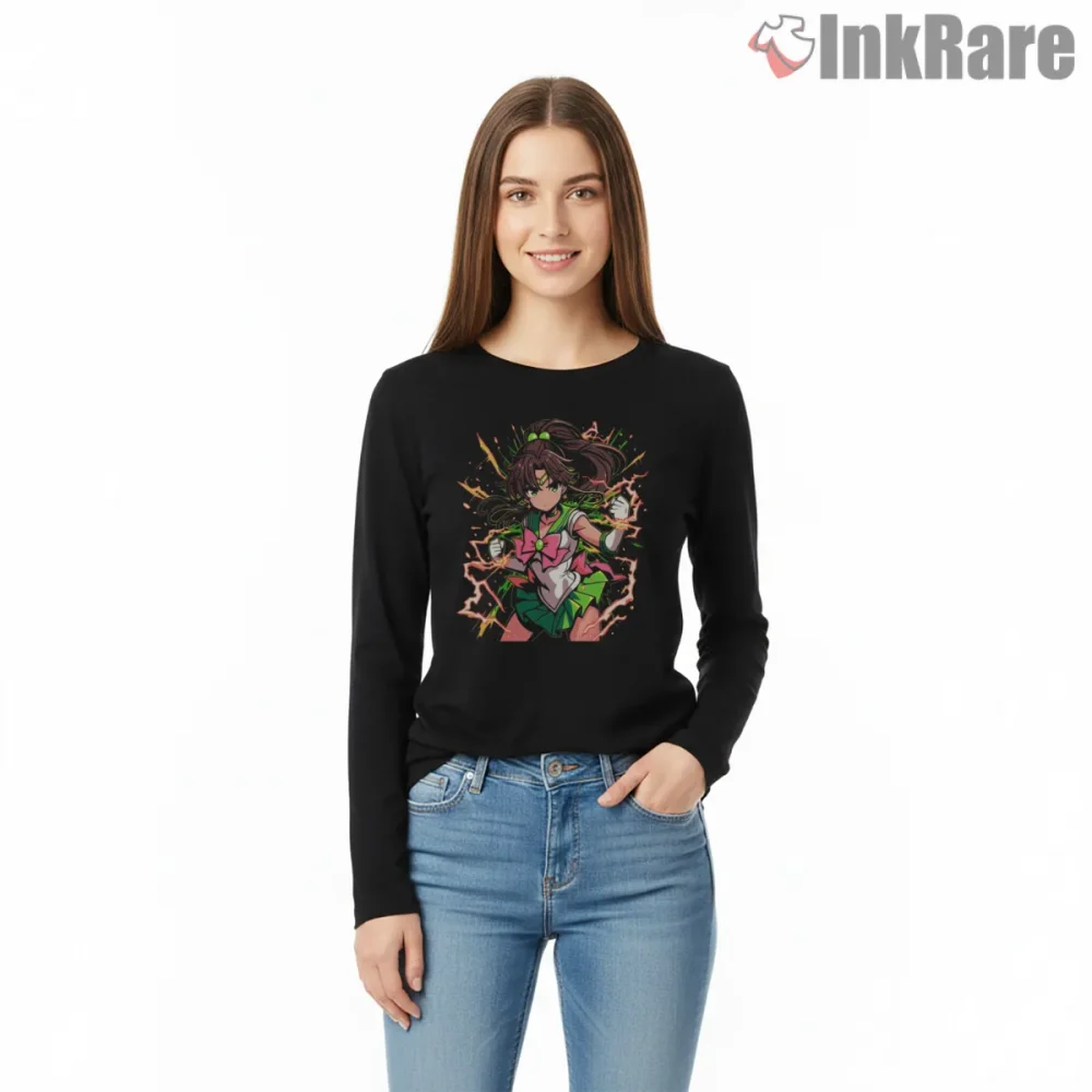 Thunder Strike Jupiter Power Anime Shirt on black long sleeve shirt for women graphic tee