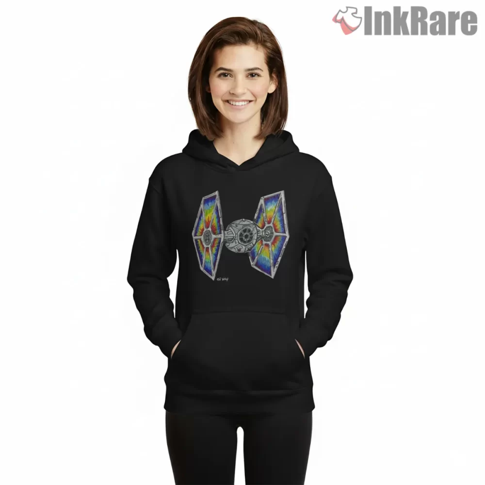 Tie Fighter Psychedelic Tie Dye Art Shirt on black hoodie for women graphic tee