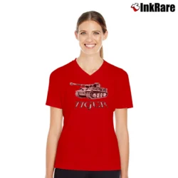 Women’s Tiger 1 German WW2 Panzer Tank Battle Graphic V-Neck Tee in red | Chic Neckline, Soft Texture