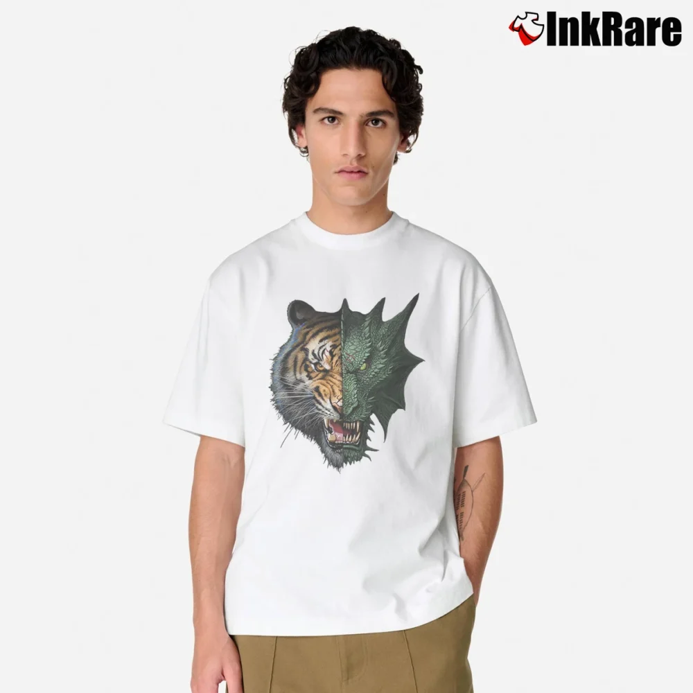 Men’s Tiger And Dragon Face Fantasy Classic T-Shirt in white | Soft, Breathable Everyday Wear