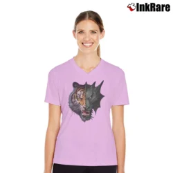Women’s Tiger And Dragon Face Fantasy V-Neck Tee in light pink | Chic Neckline, Soft Texture