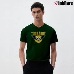 Men’s Tiger Army Skull Band Logo V-Neck Tee in forest green | Sharp, Breathable, Everyday Staple