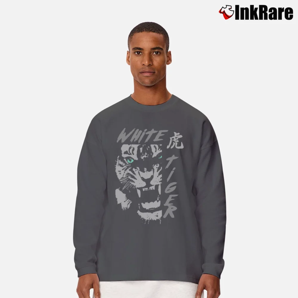Men’s Tiger Blue Eyes Animal Print Graphic Long-Sleeve Shirt in charcoal | Sleek, Lightweight, Year-Round Wear