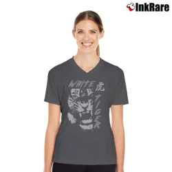 Women’s Tiger Blue Eyes Animal Print Graphic V-Neck Tee in charcoal | Chic Neckline, Soft Texture