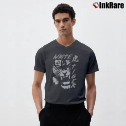 Men’s Tiger Blue Eyes Animal Print Graphic V-Neck Tee in charcoal | Sharp, Breathable, Everyday Staple
